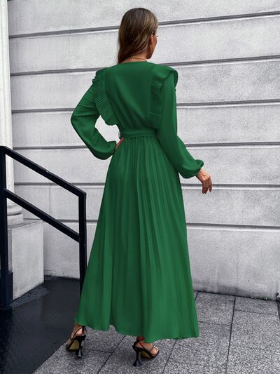 Pleated Surplice Tie Waist Maxi Dress