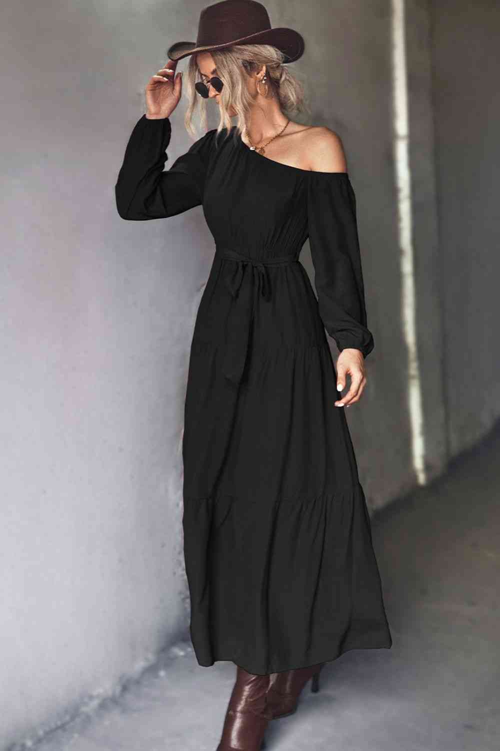 Belted One-Shoulder Tiered Maxi Dress